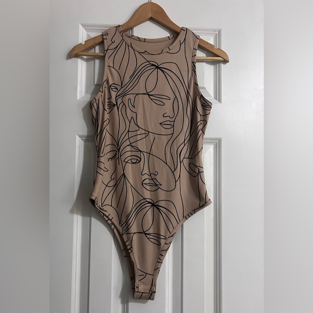 SHEIN Beige Ribbed Bodysuit with Black Line Art Faces